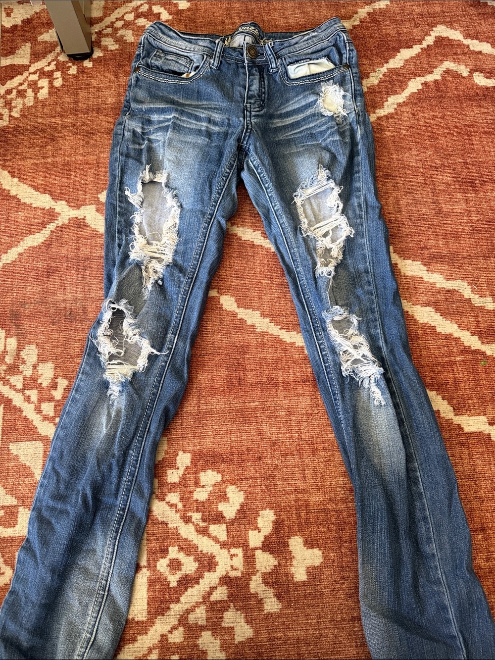 Machine Distressed Skinny Jeans in Blue